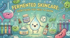 A collection of fermented skincare products highlighting the benefits of ferments for a healthy skin barrier.